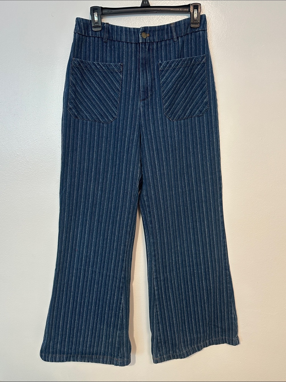 Womans Navy Blue Striped Wide-Leg Pants